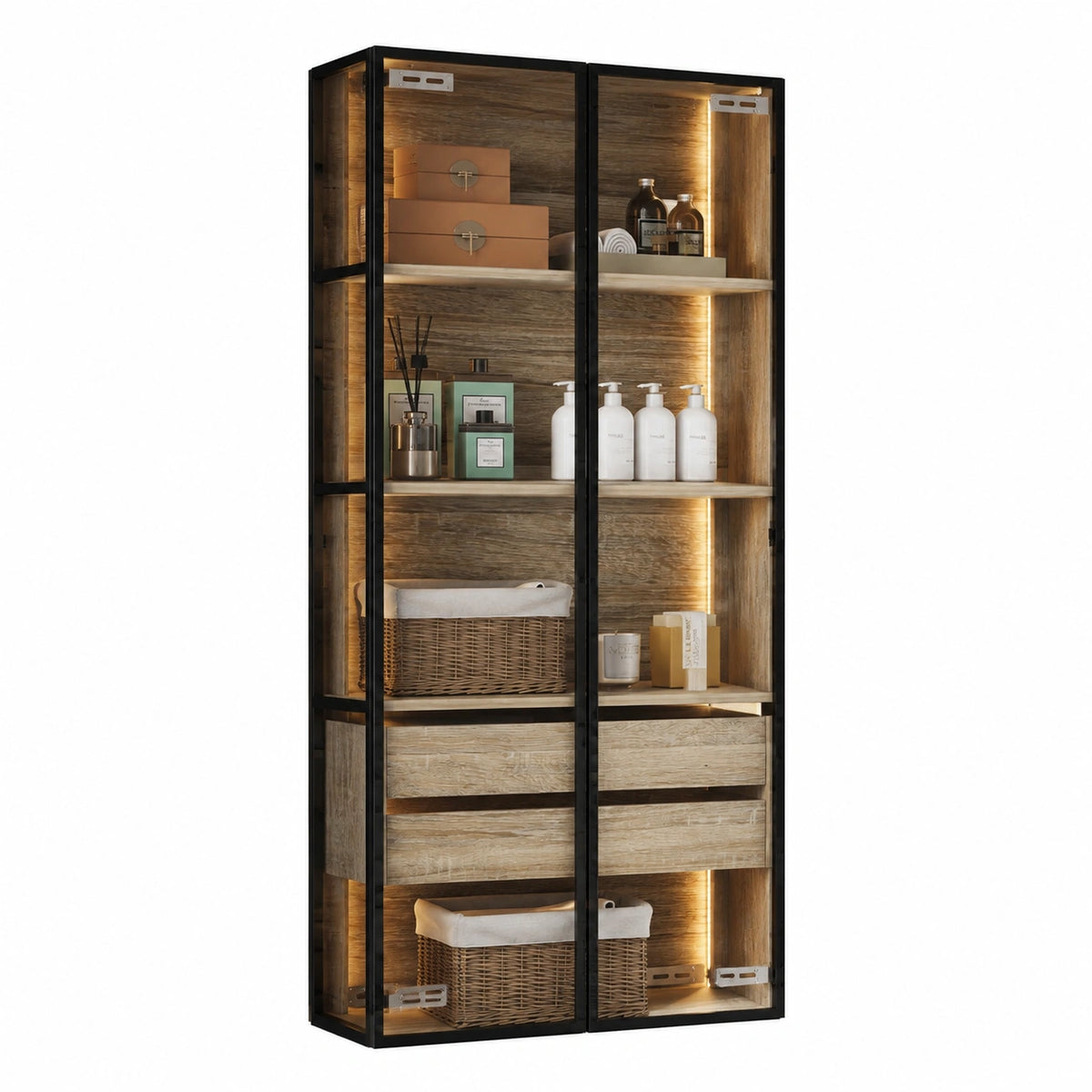 Ensemble de meubles de salle de bain, avec tiroirs, avec portes, coloris naturel, 74 x 36 x 155 cm, pour la salle de bain