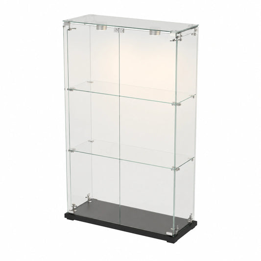 Armoire, avec étagères, avec portes, avec éclairage LED, en verre, coloris noir, 123 x 78,5 x 35 cm, pour la chambre