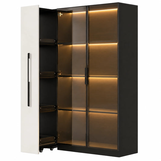 Armoire, en verre, avec portes, avec éclairage LED, sur roulettes, coloris noir, 110,5 x 35 x 160 cm, pour la chambre